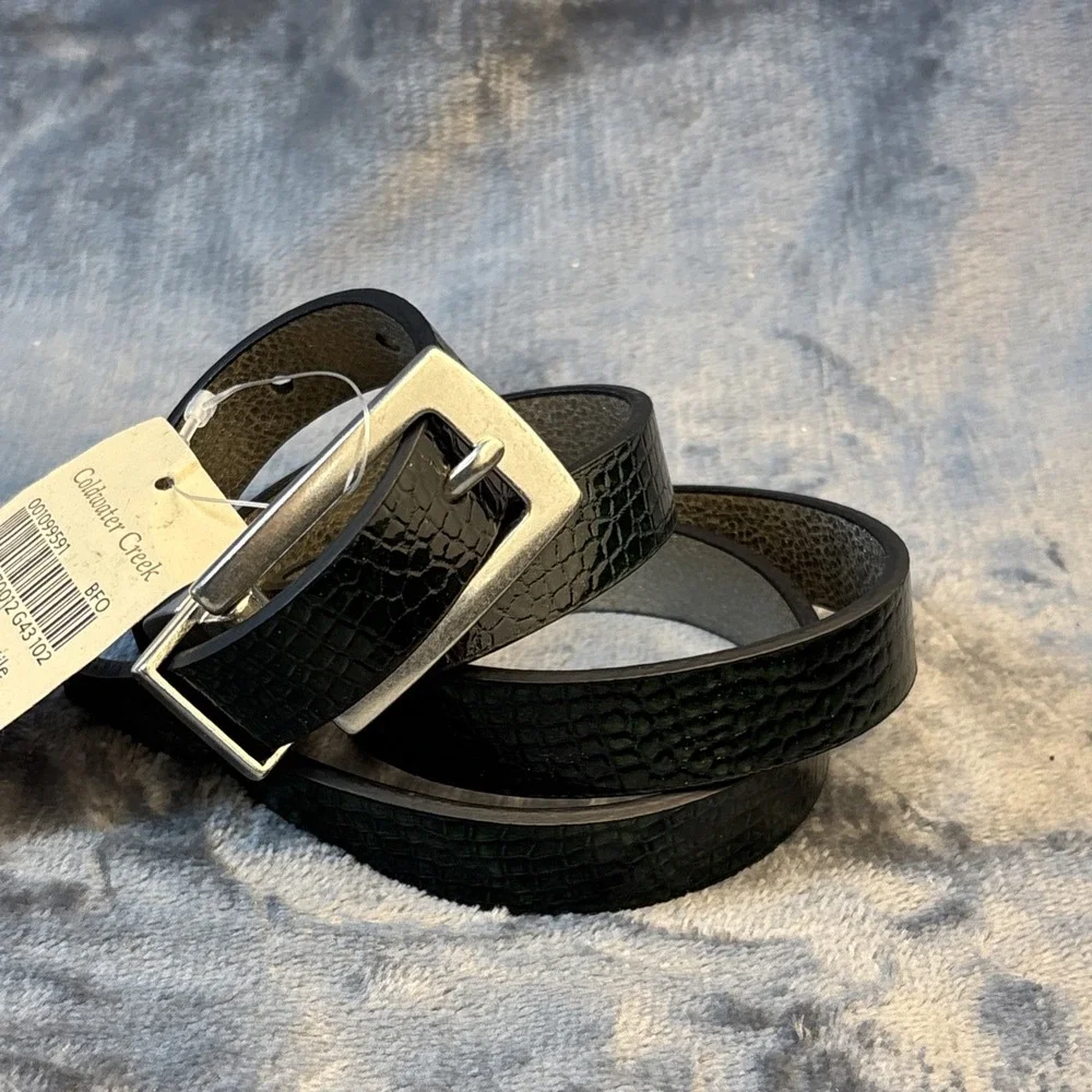 Silver Green Leather‎ Belt Reversible Snakeskin Embossed Reptile M NWT - Picture 8 of 16